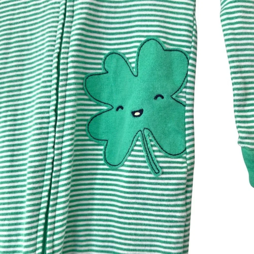 Carter’s Kids Long Sleeve Green & White Stripe Shamrock Zip Up Footie Pajamas.